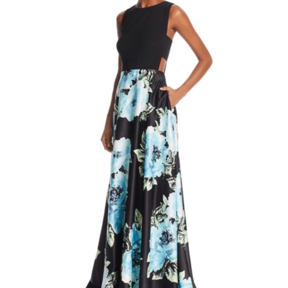 AQUA  Side-Cutout Floral-Print Gown